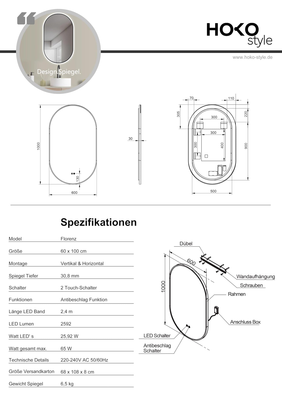 HOKO Design LED Spiegel Beschlagfrei oval 60x100 cm / 100x60 cm Florenz+ Metall Rahmen Schwarz. HOCH+QUER Montage. Badspiegel groß + 2 Touch Schalter + LED Licht Wechsel-Warmweiß-Kaltweiß-Neutral