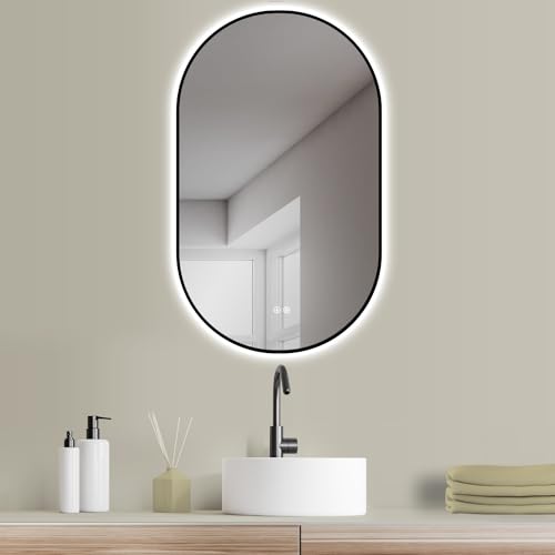 HOKO Design LED Spiegel Beschlagfrei oval 60x100 cm / 100x60 cm Florenz+ Metall Rahmen Schwarz. HOCH+QUER Montage. Badspiegel groß + 2 Touch Schalter + LED Licht Wechsel-Warmweiß-Kaltweiß-Neutral