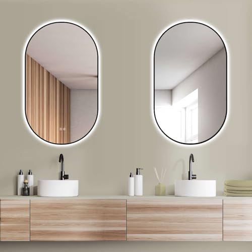HOKO Design LED Spiegel Beschlagfrei oval 60x100 cm / 100x60 cm Florenz+ Metall Rahmen Schwarz. HOCH+QUER Montage. Badspiegel groß + 2 Touch Schalter + LED Licht Wechsel-Warmweiß-Kaltweiß-Neutral