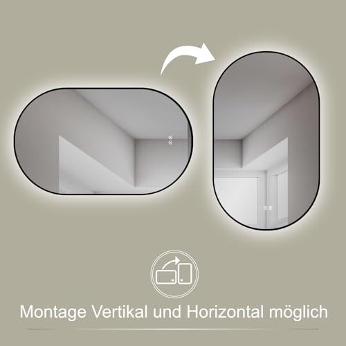 HOKO Design LED Spiegel Beschlagfrei oval 60x100 cm / 100x60 cm Florenz+ Metall Rahmen Schwarz. HOCH+QUER Montage. Badspiegel groß + 2 Touch Schalter + LED Licht Wechsel-Warmweiß-Kaltweiß-Neutral