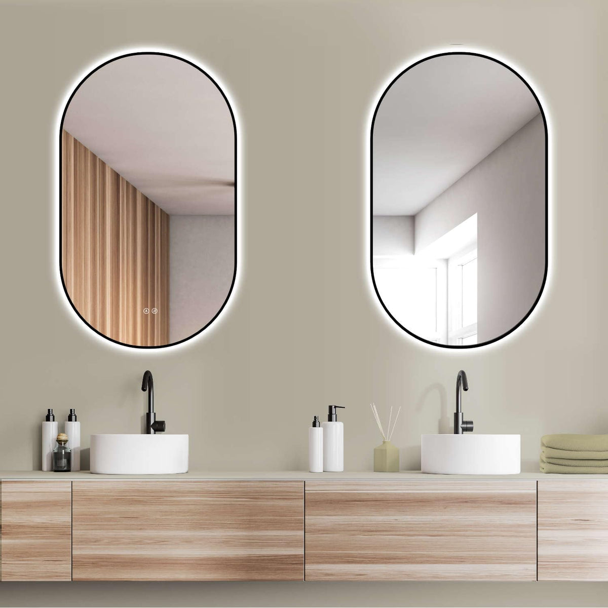 HOKO Design LED Spiegel Beschlagfrei oval 60x100 cm / 100x60 cm Florenz+ Metall Rahmen Schwarz. HOCH+QUER Montage. Badspiegel groß + 2 Touch Schalter + LED Licht Wechsel-Warmweiß-Kaltweiß-Neutral