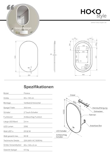 HOKO Design LED Spiegel Beschlagfrei oval 60x100 cm / 100x60 cm Florenz+ Metall Rahmen Schwarz. HOCH+QUER Montage. Badspiegel groß + 2 Touch Schalter + LED Licht Wechsel-Warmweiß-Kaltweiß-Neutral