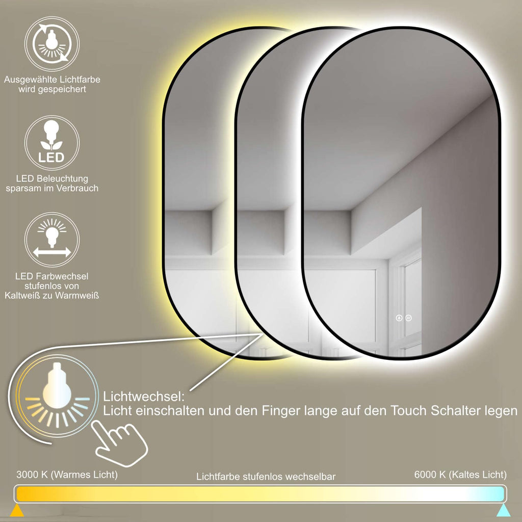 HOKO Design LED Spiegel Beschlagfrei oval 60x100 cm / 100x60 cm Florenz+ Metall Rahmen Schwarz. HOCH+QUER Montage. Badspiegel groß + 2 Touch Schalter + LED Licht Wechsel-Warmweiß-Kaltweiß-Neutral