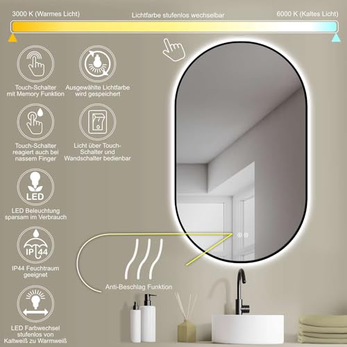 HOKO Design LED Spiegel Beschlagfrei oval 60x100 cm / 100x60 cm Florenz+ Metall Rahmen Schwarz. HOCH+QUER Montage. Badspiegel groß + 2 Touch Schalter + LED Licht Wechsel-Warmweiß-Kaltweiß-Neutral