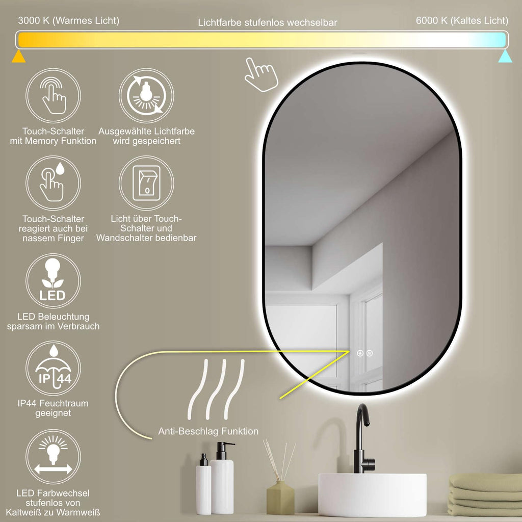 HOKO Design LED Spiegel Beschlagfrei oval 60x100 cm / 100x60 cm Florenz+ Metall Rahmen Schwarz. HOCH+QUER Montage. Badspiegel groß + 2 Touch Schalter + LED Licht Wechsel-Warmweiß-Kaltweiß-Neutral