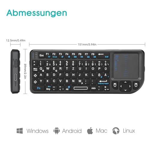 Rii X1 Mini Tastatur Wireless, Smart TV Tastatur, Kabellos Tastatur mit Touchpad, mini Keyboard für Smart TV Fernbedienung/PC/PAD/Xbox 360/ PS3/Google Android TV Box/HTPC/IPTV (De Layout)