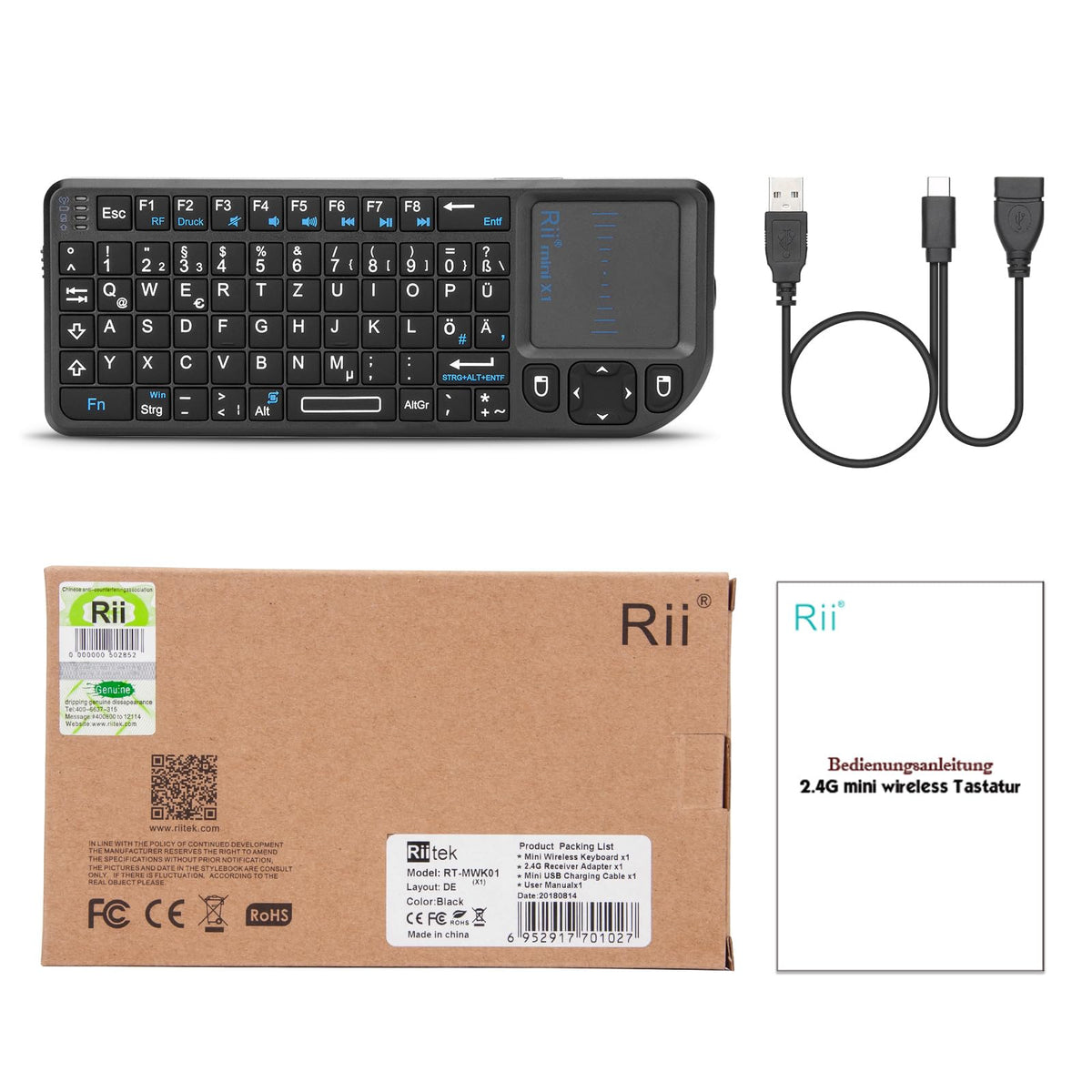 Rii X1 Mini Tastatur Wireless, Smart TV Tastatur, Kabellos Tastatur mit Touchpad, mini Keyboard für Smart TV Fernbedienung/PC/PAD/Xbox 360/ PS3/Google Android TV Box/HTPC/IPTV (De Layout)