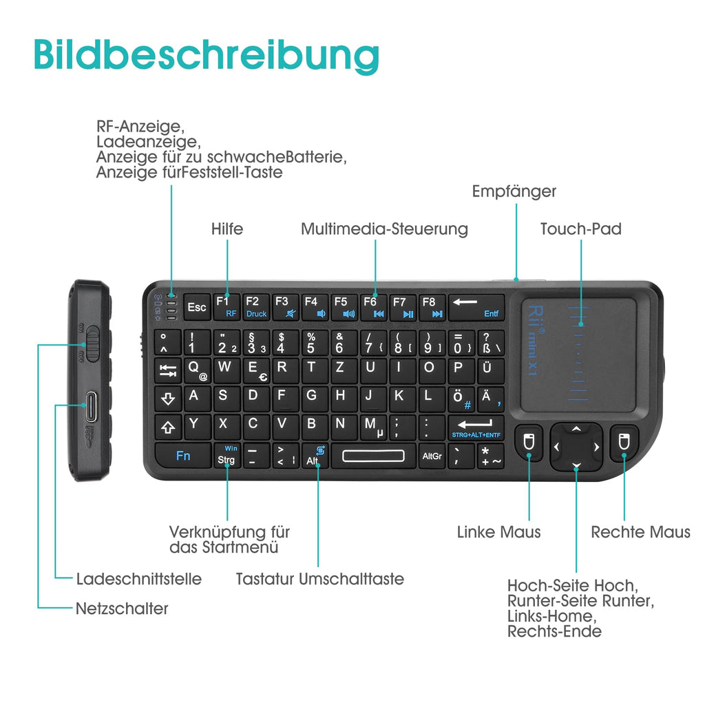 Rii X1 Mini Tastatur Wireless, Smart TV Tastatur, Kabellos Tastatur mit Touchpad, mini Keyboard für Smart TV Fernbedienung/PC/PAD/Xbox 360/ PS3/Google Android TV Box/HTPC/IPTV (De Layout)