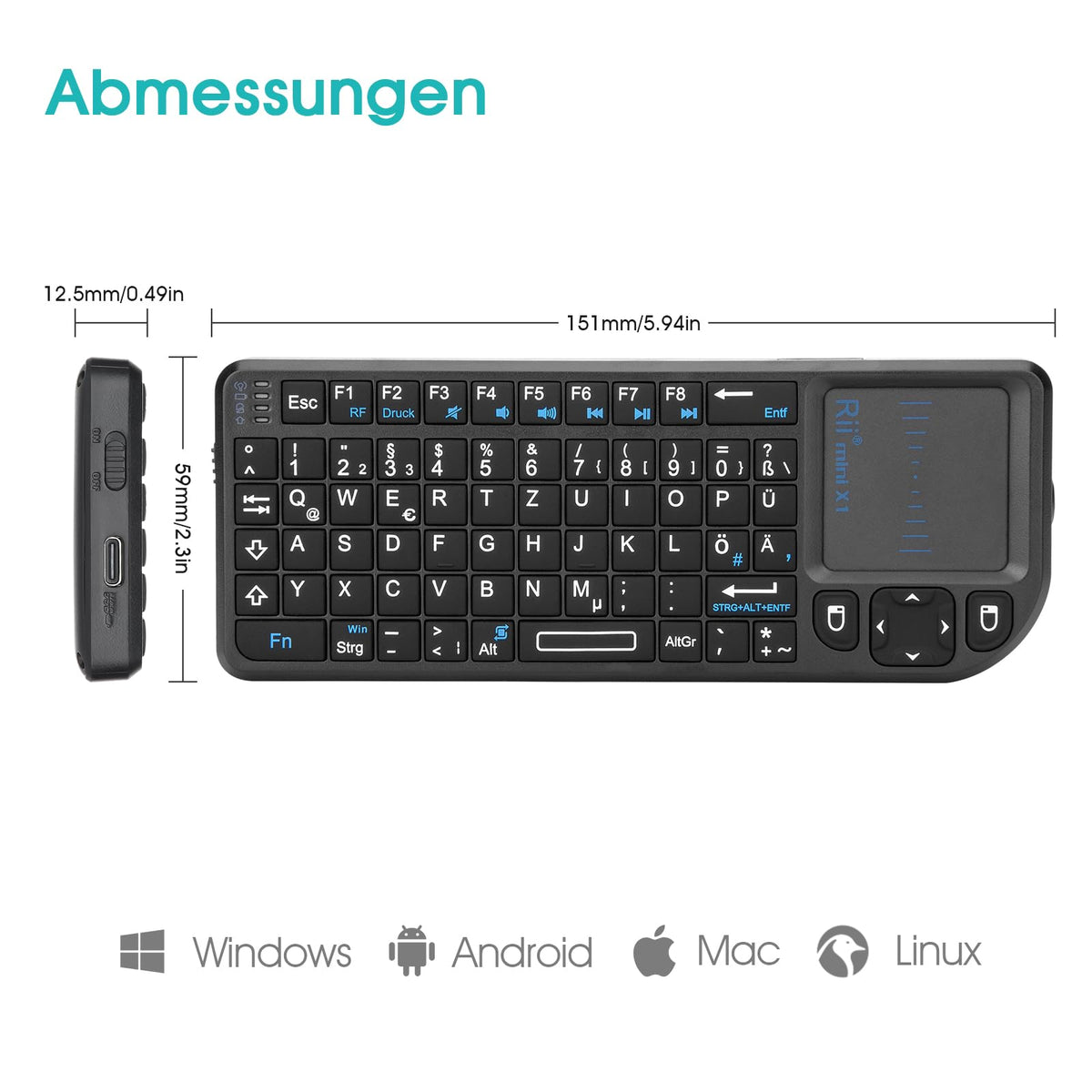 Rii X1 Mini Tastatur Wireless, Smart TV Tastatur, Kabellos Tastatur mit Touchpad, mini Keyboard für Smart TV Fernbedienung/PC/PAD/Xbox 360/ PS3/Google Android TV Box/HTPC/IPTV (De Layout)