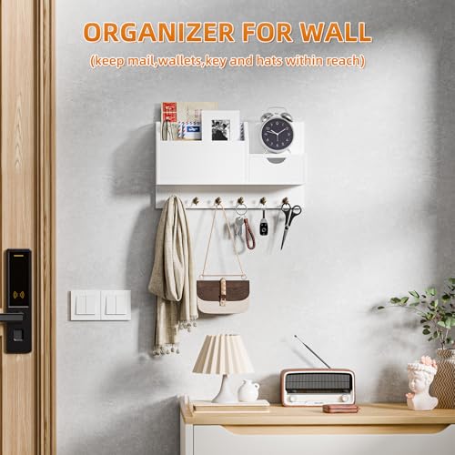 Schlüsselablage, Wandhalterung mit 6 Haken und Aufbewahrungsschublade, Schlüsselbrett Holz, Wand Schlüsselhaken, Wandregal für Schlüsselanhänger Organizer, für Eingang Wohnzimmer Flur Büro (weiß)
