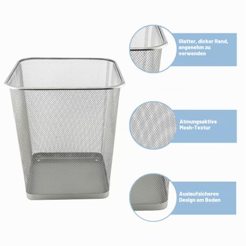 D.RECT Papierkorb Büro 18L - Abfalleimer, Papierkorb aus Drahtgeflecht Mülleimer, Papiereimer - Metall Büroeimer Mesh Eckig, Silber