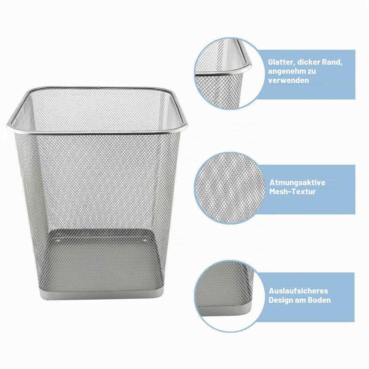 D.RECT Papierkorb Büro 18L - Abfalleimer, Papierkorb aus Drahtgeflecht Mülleimer, Papiereimer - Metall Büroeimer Mesh Eckig, Silber