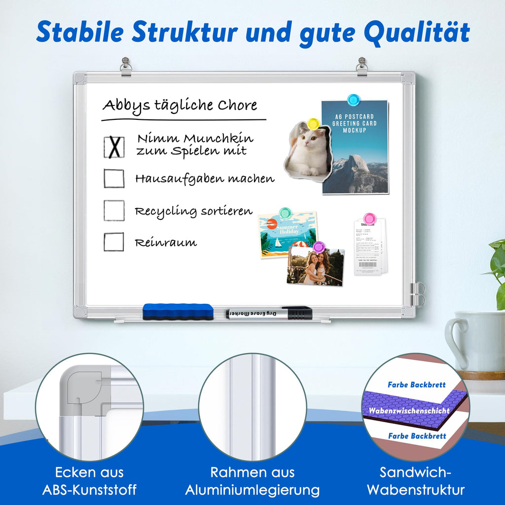 maxtek Whiteboard Magnetisch 60 x 45 cm, Magnettafel mit Alurahmen