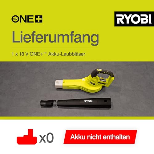 RYOBI 18 V ONE+ Akku-Laubgebläse OBL1820S (Luftgeschwindigkeit 245 km/h, Luftmenge 2,6 m³/min, ohne Akku & Ladegerät im Karton)