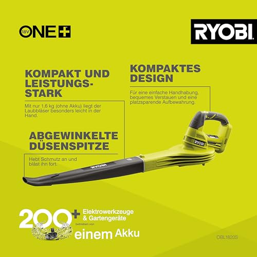 RYOBI 18 V ONE+ Akku-Laubgebläse OBL1820S (Luftgeschwindigkeit 245 km/h, Luftmenge 2,6 m³/min, ohne Akku & Ladegerät im Karton)
