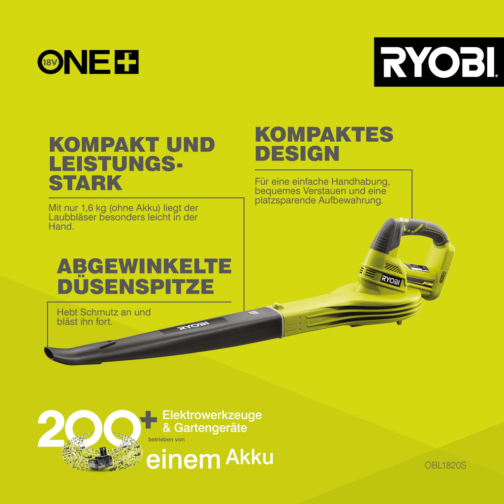 RYOBI 18 V ONE+ Akku-Laubgebläse OBL1820S (Luftgeschwindigkeit 245 km/h, Luftmenge 2,6 m³/min, ohne Akku & Ladegerät im Karton)