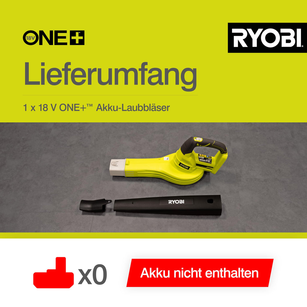 RYOBI 18 V ONE+ Akku-Laubgebläse OBL1820S (Luftgeschwindigkeit 245 km/h, Luftmenge 2,6 m³/min, ohne Akku & Ladegerät im Karton)