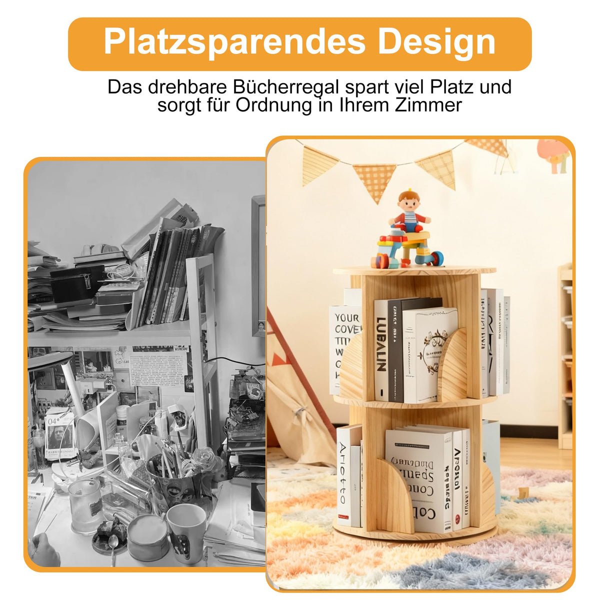 Mingone Drehbares Bücherregal Kinder mit 2 Ebenen, Holzwerkstoffe