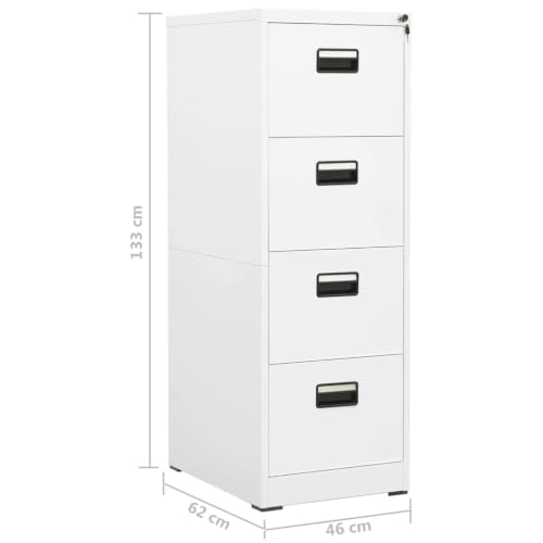 Aktenschrank Weiß aus Stahl 46x62x133 cm mit 4 Schubladen abschließbar für Büro, Homeoffice und Verwaltung, kompatibel mit A4 Legal Ordnern, langlebig und leicht zu reinigen