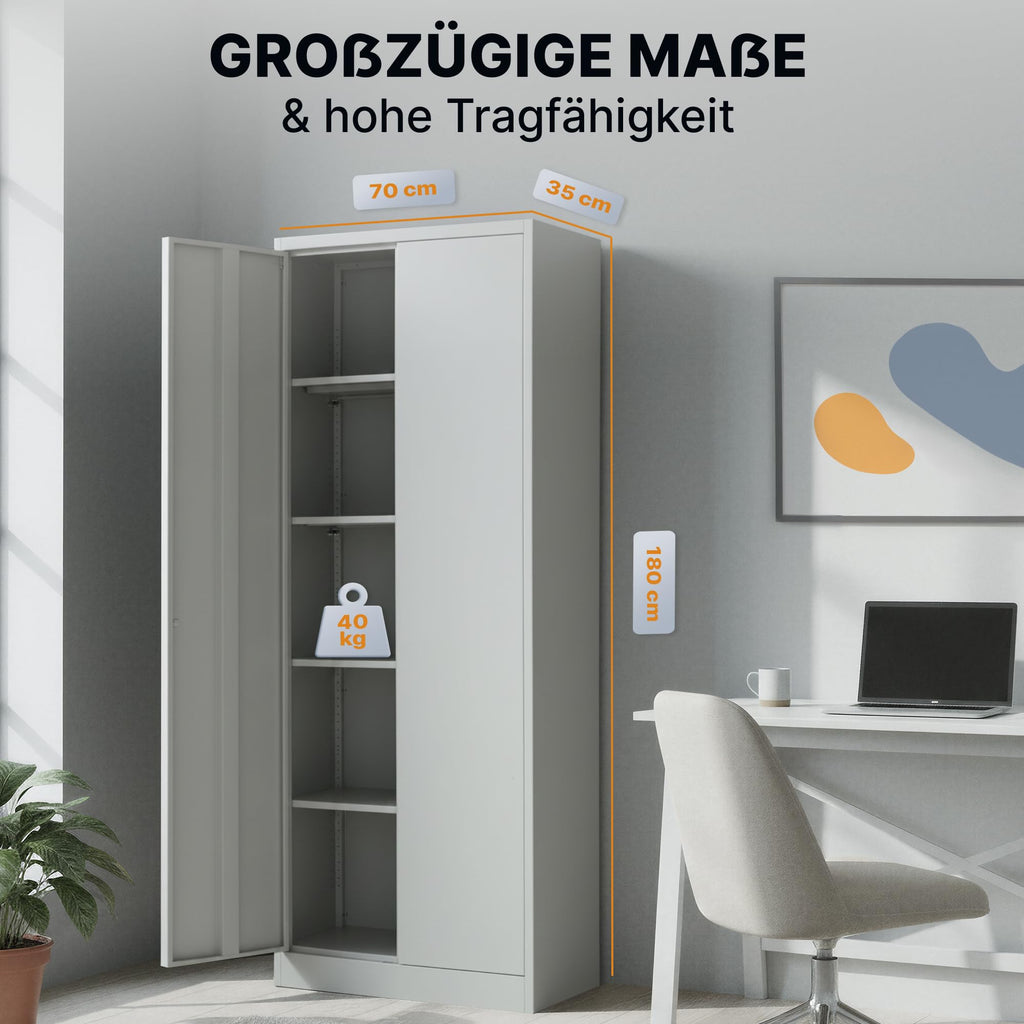 Aktenschrank – Abschließbarer Stahl-Aktenschrank – Büroschrank, Allzweckschrank mit höhenverstellbaren Böden – Robuster Metallschrank, Aufbewahrungsschrank für Büro, Werkstatt, Lager (Grau)
