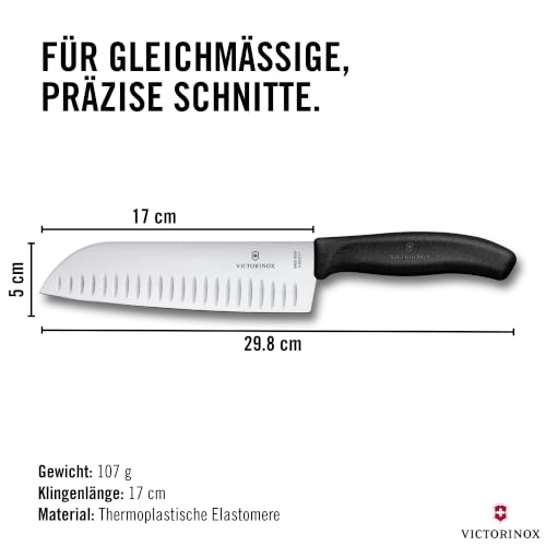 Victorinox Swiss Classic Santokumesser, Messer Asiatischer Art, Extra Scharfe Klinge, Kullenschliff, 17 cm, Rostfreier Stahl, Blister, Schwarz