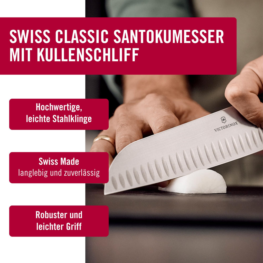 Victorinox Swiss Classic Santokumesser, Messer Asiatischer Art, Extra Scharfe Klinge, Kullenschliff, 17 cm, Rostfreier Stahl, Blister, Schwarz