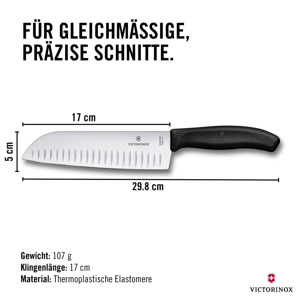 Victorinox Swiss Classic Santokumesser, Messer Asiatischer Art, Extra Scharfe Klinge, Kullenschliff, 17 cm, Rostfreier Stahl, Blister, Schwarz