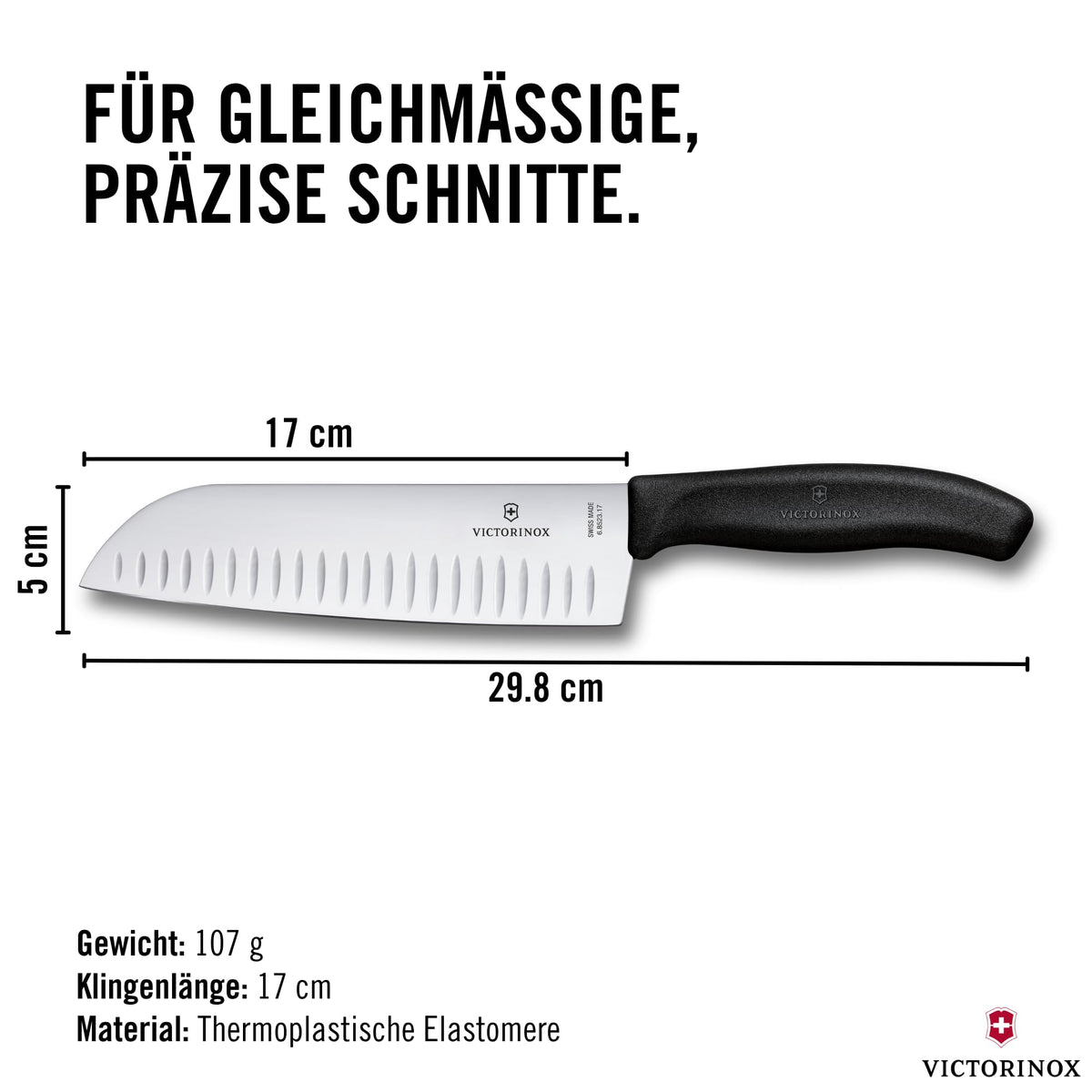 Victorinox Swiss Classic Santokumesser, Messer Asiatischer Art, Extra Scharfe Klinge, Kullenschliff, 17 cm, Rostfreier Stahl, Blister, Schwarz