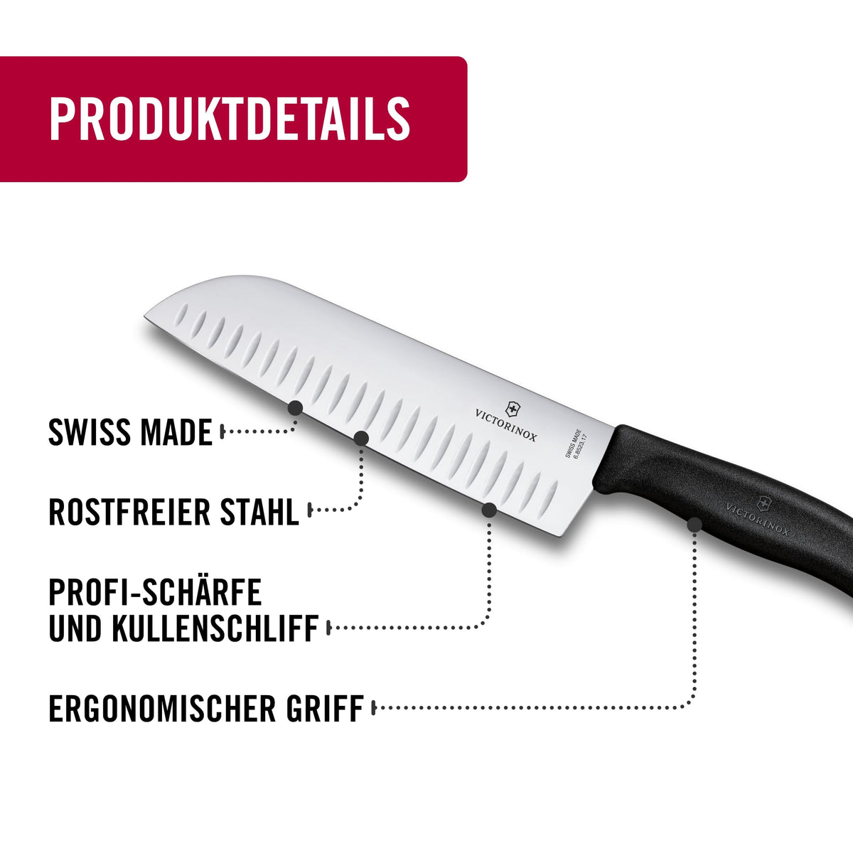 Victorinox Swiss Classic Santokumesser, Messer Asiatischer Art, Extra Scharfe Klinge, Kullenschliff, 17 cm, Rostfreier Stahl, Blister, Schwarz