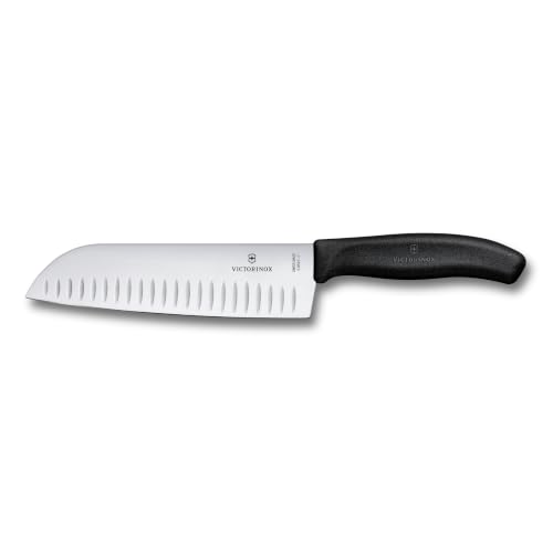 Victorinox Swiss Classic Santokumesser, Messer Asiatischer Art, Extra Scharfe Klinge, Kullenschliff, 17 cm, Rostfreier Stahl, Blister, Schwarz