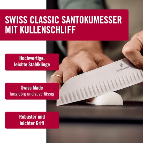 Victorinox Swiss Classic Santokumesser, Messer Asiatischer Art, Extra Scharfe Klinge, Kullenschliff, 17 cm, Rostfreier Stahl, Blister, Schwarz