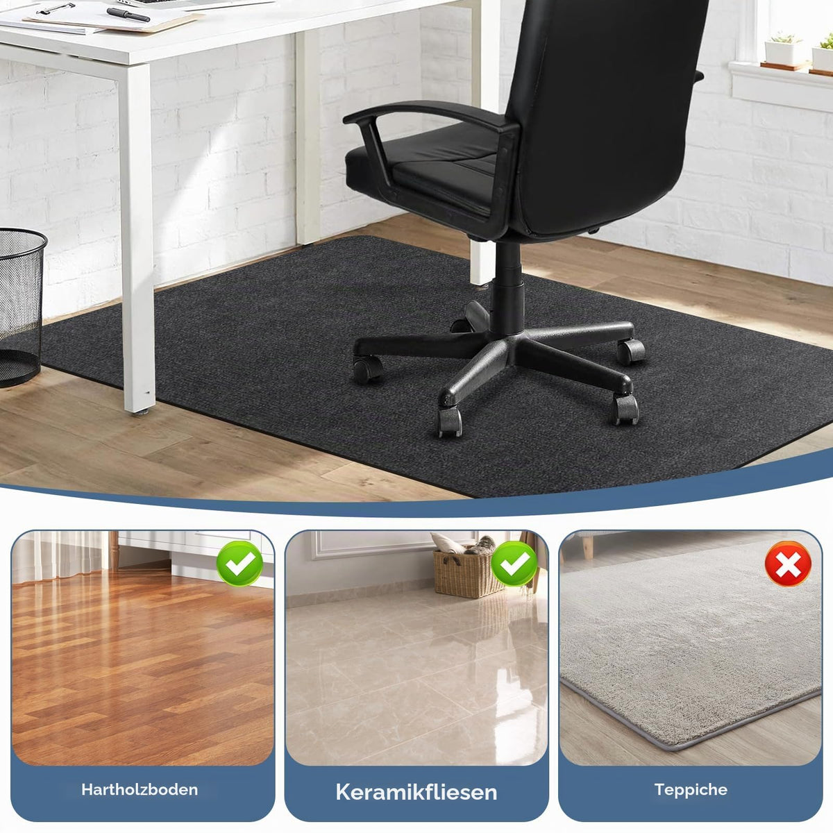 Bodenschutzmatte Bürostuhl Unterlage 140x90cm, Kratzfeste Schreibtischstuhl Unterlage für Parkett und Hartböden wie Laminat & Fliesen, rutschfeste Stuhlunterlage aus Polyester, Dunkelgrau