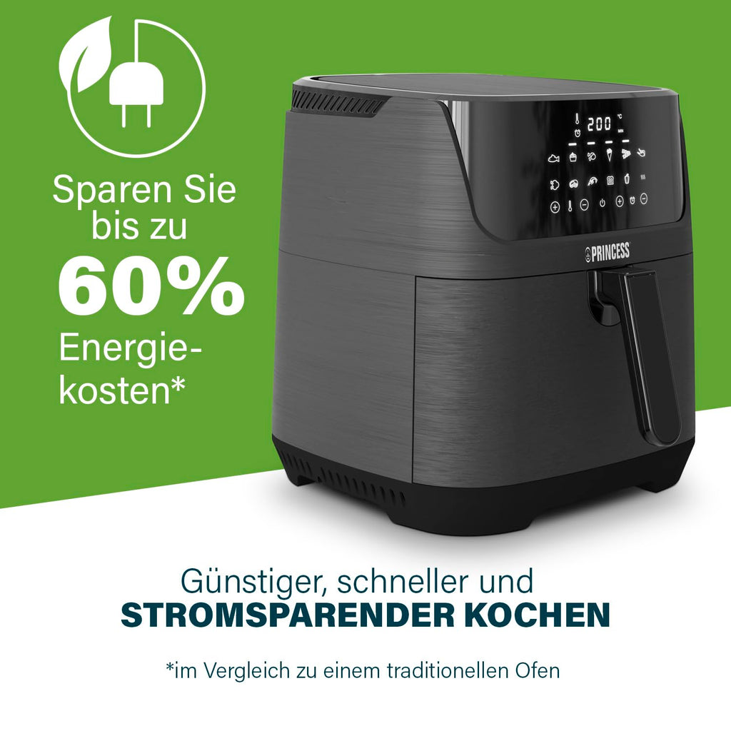 Princess Digitale Heißluftfritteuse 6,5 L mit Trennwand, 12 Programme, Touchscreen, Bis zu 60% Energieersparnis, Fettarmes Frittieren ohne Öl, Für 1,5 kg Pommes, Schwarz, 182061