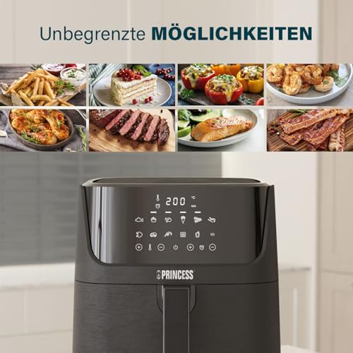Princess Digitale Heißluftfritteuse 6,5 L mit Trennwand, 12 Programme, Touchscreen, Bis zu 60% Energieersparnis, Fettarmes Frittieren ohne Öl, Für 1,5 kg Pommes, Schwarz, 182061