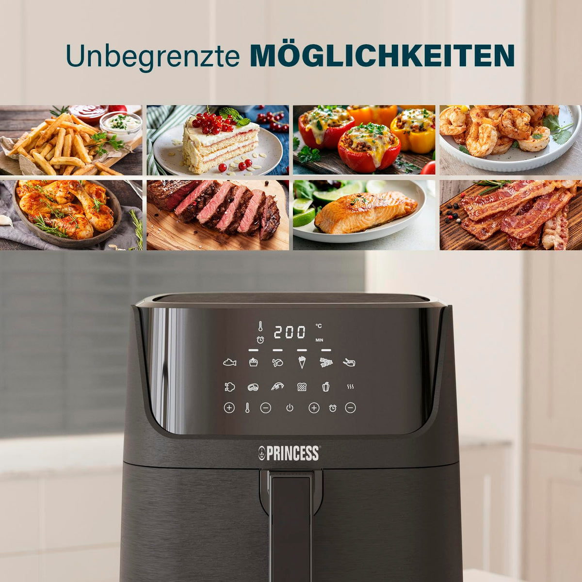 Princess Digitale Heißluftfritteuse 6,5 L mit Trennwand, 12 Programme, Touchscreen, Bis zu 60% Energieersparnis, Fettarmes Frittieren ohne Öl, Für 1,5 kg Pommes, Schwarz, 182061
