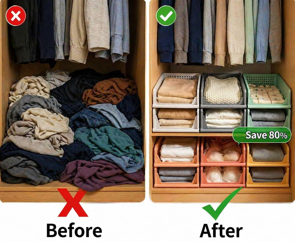 RMAN 4 Stück Kleiderschrank Organizer Schubladenbox Stapelbare Schrank Organizer Kleiderschrank Regal Aufbewahrungsbox Plastik Lagerkisten Trennwand Schublade für Kleidung, Küchen, Schlafzimmer