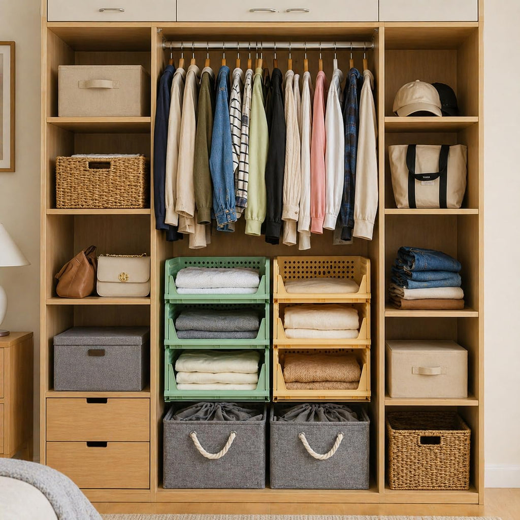 RMAN 4 Stück Kleiderschrank Organizer Schubladenbox Stapelbare Schrank Organizer Kleiderschrank Regal Aufbewahrungsbox Plastik Lagerkisten Trennwand Schublade für Kleidung, Küchen, Schlafzimmer