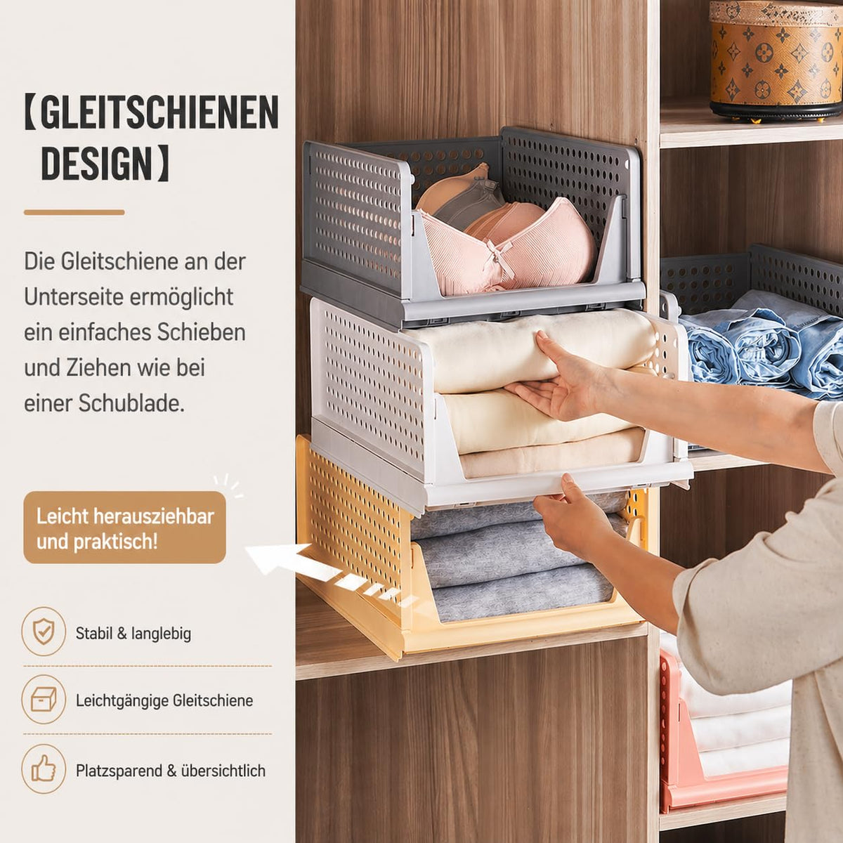 RMAN 4 Stück Kleiderschrank Organizer Schubladenbox Stapelbare Schrank Organizer Kleiderschrank Regal Aufbewahrungsbox Plastik Lagerkisten Trennwand Schublade für Kleidung, Küchen, Schlafzimmer