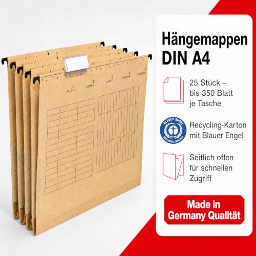 Conipa Hängemappen DIN A4, 25 Stück, Recycling-Karton Braun, Blauer Engel