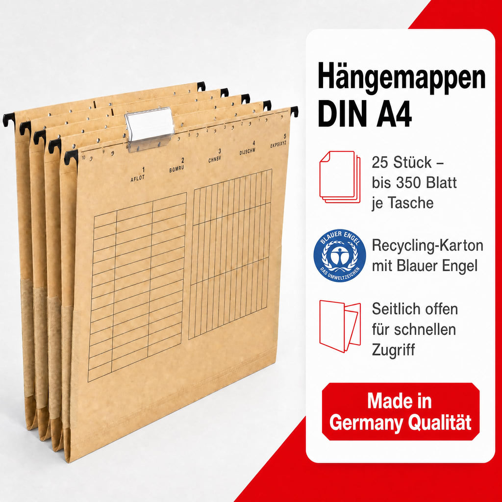 Conipa Hängemappen DIN A4, 25 Stück, Recycling-Karton Braun, Blauer Engel