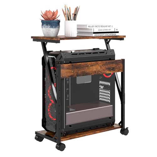 Computer Tower Ständer, Höhenverstellbarer CPU Stand, CPU Halter PC Regal mit Rollen, Druckerständer unter Schreibtisch, 2 Schicht Computer Ständer Drucker Cart