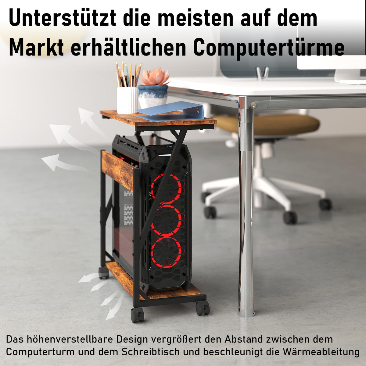 Computer Tower Ständer, Höhenverstellbarer CPU Stand, CPU Halter PC Regal mit Rollen, Druckerständer unter Schreibtisch, 2 Schicht Computer Ständer Drucker Cart