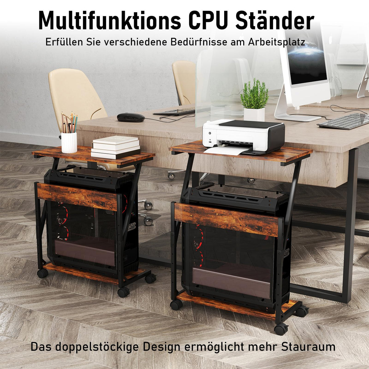 Computer Tower Ständer, Höhenverstellbarer CPU Stand, CPU Halter PC Regal mit Rollen, Druckerständer unter Schreibtisch, 2 Schicht Computer Ständer Drucker Cart