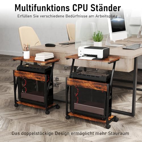Computer Tower Ständer, Höhenverstellbarer CPU Stand, CPU Halter PC Regal mit Rollen, Druckerständer unter Schreibtisch, 2 Schicht Computer Ständer Drucker Cart