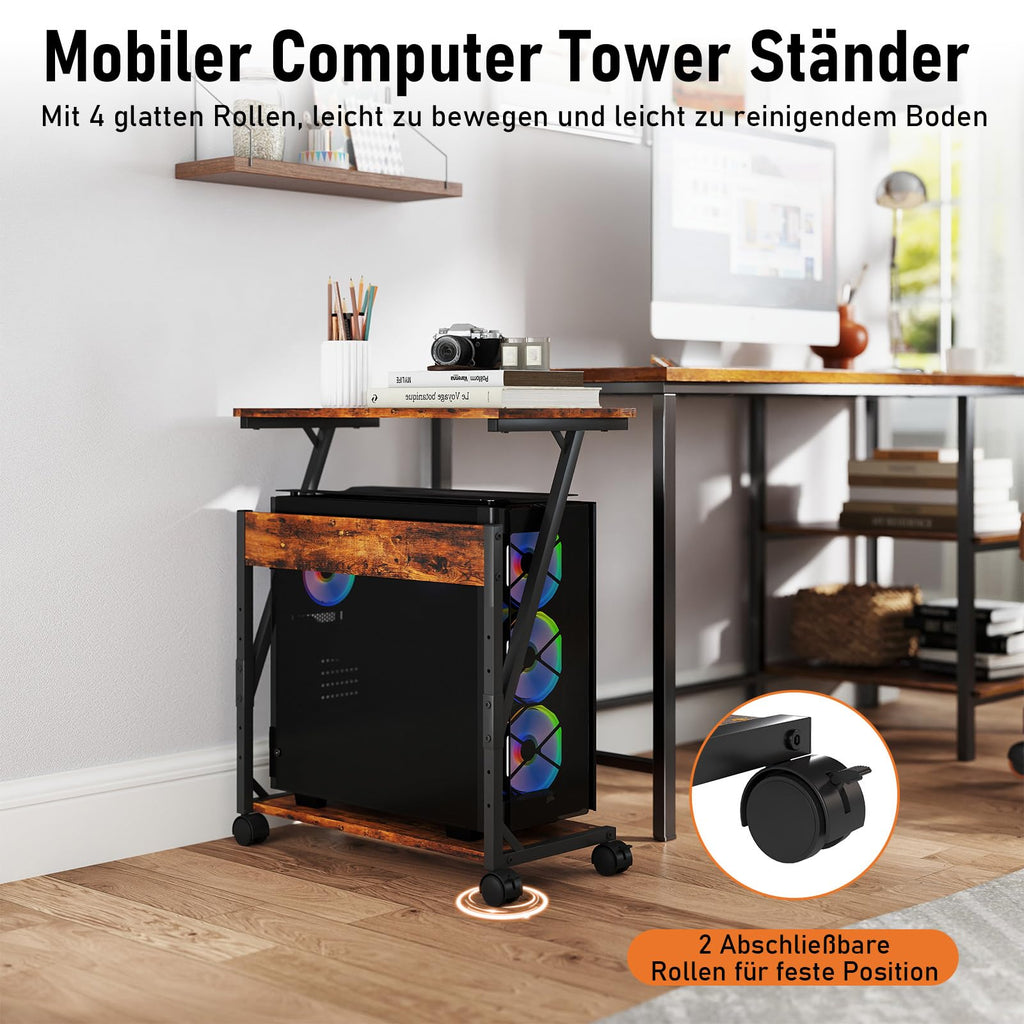 Computer Tower Ständer, Höhenverstellbarer CPU Stand, CPU Halter PC Regal mit Rollen, Druckerständer unter Schreibtisch, 2 Schicht Computer Ständer Drucker Cart