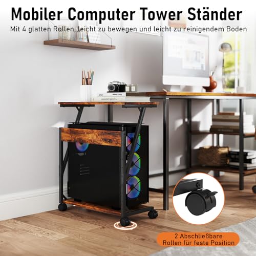 Computer Tower Ständer, Höhenverstellbarer CPU Stand, CPU Halter PC Regal mit Rollen, Druckerständer unter Schreibtisch, 2 Schicht Computer Ständer Drucker Cart