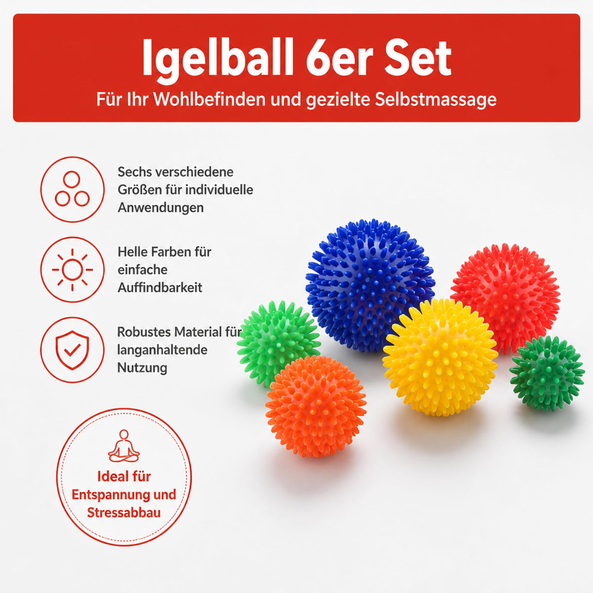 Igelball 6er Set Massageball – Verschiedene Größen für punktuelle Selbstmassage an Füßen, Nacken und Rücken