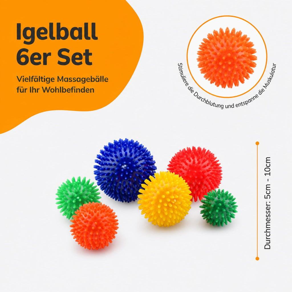 Igelball 6er Set Massageball – Verschiedene Größen für punktuelle Selbstmassage an Füßen, Nacken und Rücken