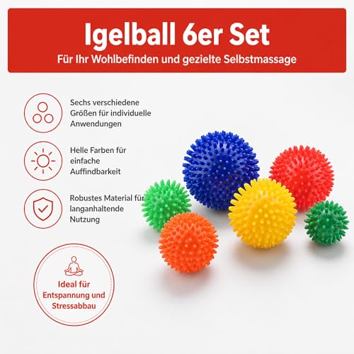 Igelball 6er Set Massageball – Verschiedene Größen für punktuelle Selbstmassage an Füßen, Nacken und Rücken