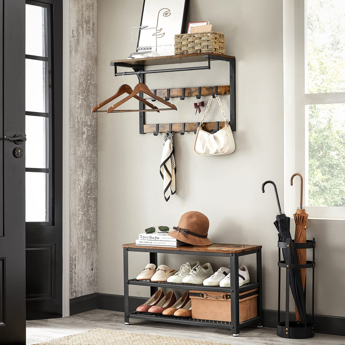 VASAGLE Schuhbank und Wandgarderobe Set, Vintagebraun